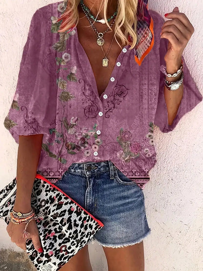 Western leisure vacation ethnic style geometric print three-quarter sleeve women's shirt