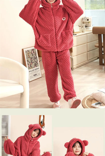 Autumn Winter Women's Sleepwear Flannel Pajamas Set Thick Fleece Nightwear Sets Warm Home Suits Hoodie Plus Pants