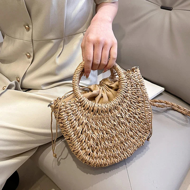 Straw Rattan Handbag – Large Capacity Half Moon Purse | Hollow Out Shoulder Bag