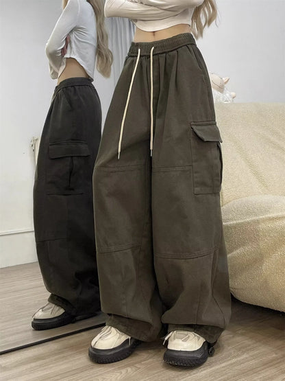 Cargo Pants Women Solid Color Japanese Loose Thin Straight Wide-leg High Waist Trousers High Street Basics Casual Pants Female