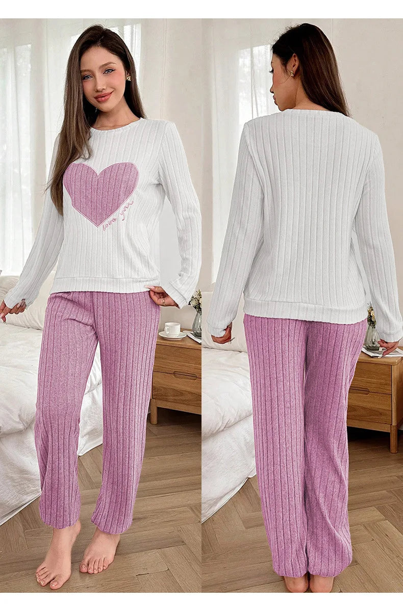 Autumn and Winter Warm Pajama Set for Women Casual and Comfortable Heart Shaped Printed Cute Set Home Clothes New Style Hot