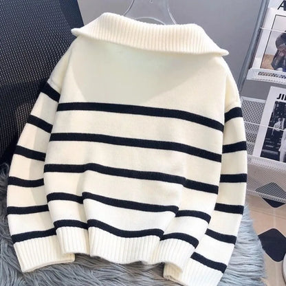 Short Length Striped Sweater Thick Knit Half Zip Design Half Zip Pullover Ribbed Collar Striped Pattern Casual Inner Wear
