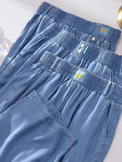 Spring Summer Ice Silk Wide Leg Jeans Loose Casual Pants Thin Lightweight Women's plus Size Elastic Waist Drapey Loose Fit