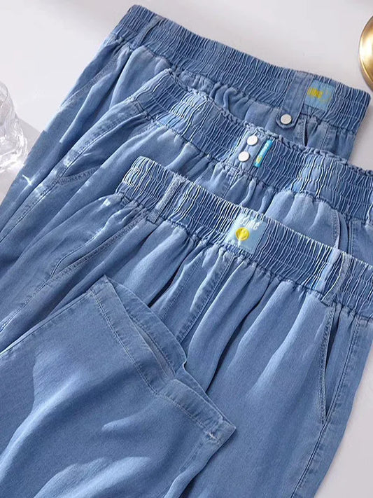 Spring Summer Ice Silk Wide Leg Jeans Loose Casual Pants Thin Lightweight Women's plus Size Elastic Waist Drapey Loose Fit