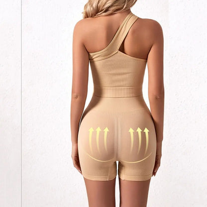 2Pcs Reusable Seamless Women Workout Sets High Waist One Shoulder Active Wear Ribbed Tank Tops Yoga Outfits Fitness