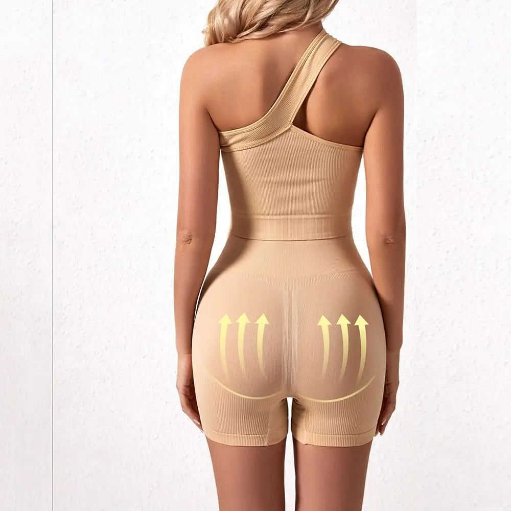 2Pcs Reusable Seamless Women Workout Sets High Waist One Shoulder Active Wear Ribbed Tank Tops Yoga Outfits Fitness