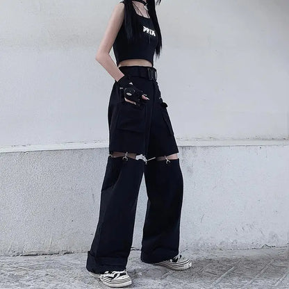 New 2025 Streetwear Black Pants for Women Fashion High Waist Detachable Streetweart Cargo Pants Woman