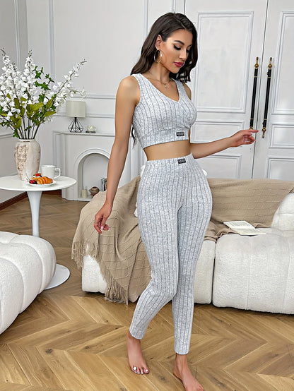 Women's Four-Season Pajamas with Simple V-Neck Short Slim-Fit Top, Sporty Short Tank Top, and Long Pants Two-Piece Set, Suitable for Wearing Outside as Loungewear