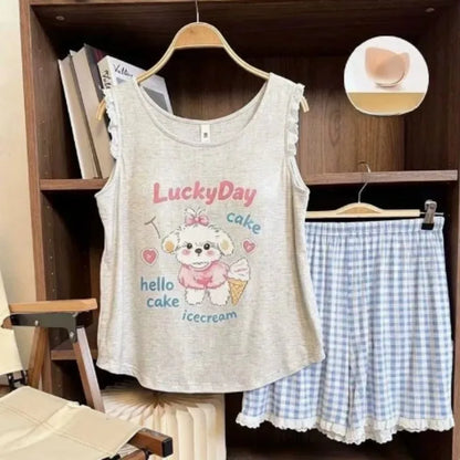 Women's summer sleepwear with chest cushion vest set cartoon cute and high-end home clothes
