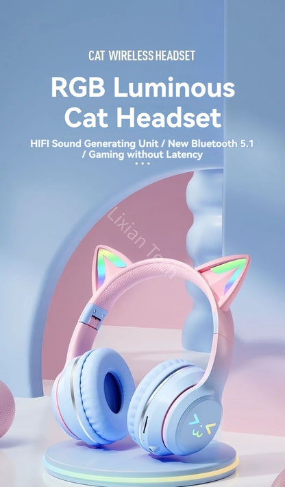 RGB Luminous Cat Ears Wireless Bluetooth Headphones With Microphone Headset Gamer Girl Call Noise Reduction Hifi Sale Handfree