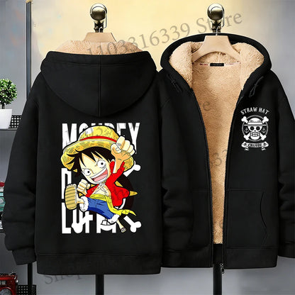 One Piece Man Thick Hooded Jacket Woman Winter Keep Warm Coat Anime Luffy Print Fleece Jacket Thermal Long Sleeve Hooded Clothes