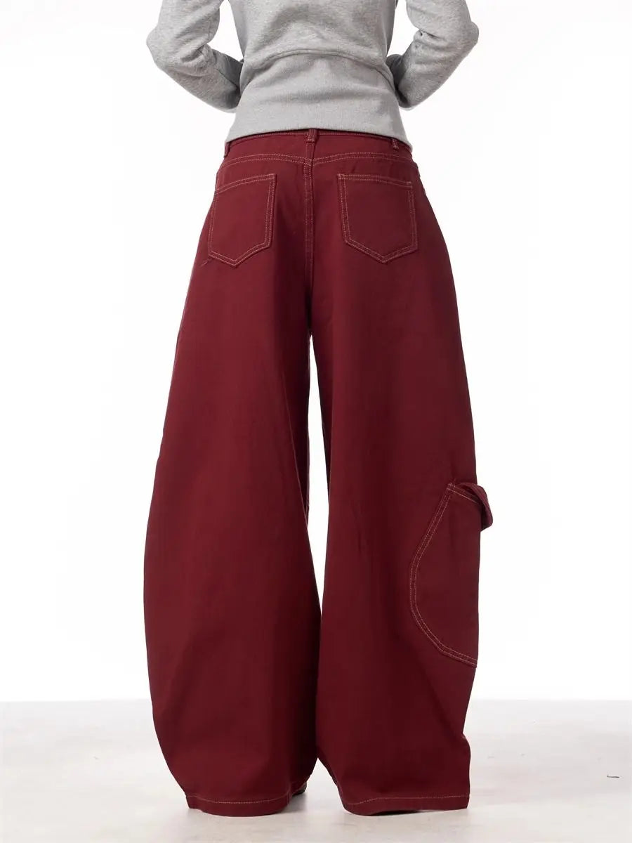 Cargo Red Casual Jeans Womens Workwear Pants Loose Straight Wide Leg Trousers Spring Korean Style Lazy Comfortable Chic