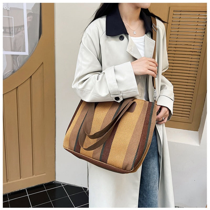 Striped Canvas Tote - Women's Crossbody Shoulder Bag With Zipper Closure, Versatile Daily Use