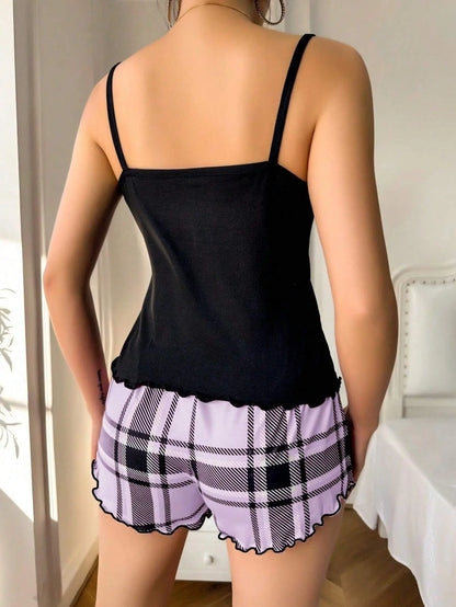Women Sexy Suspender Shorts Thin Pajamas Letter Print Plaid Shorts Large Pajamas Romantic Home Wear Sexy Nightwear Short Pajama