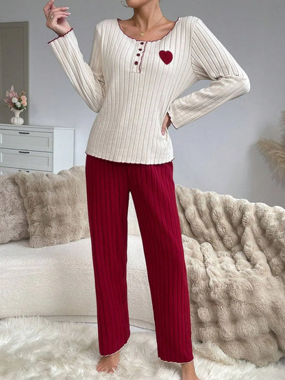 Women Autumn Winter Sleepwear Casual Long Sleeve Heart Printd Tops and Long Trousers Pajamas Set Homewear Loungewear
