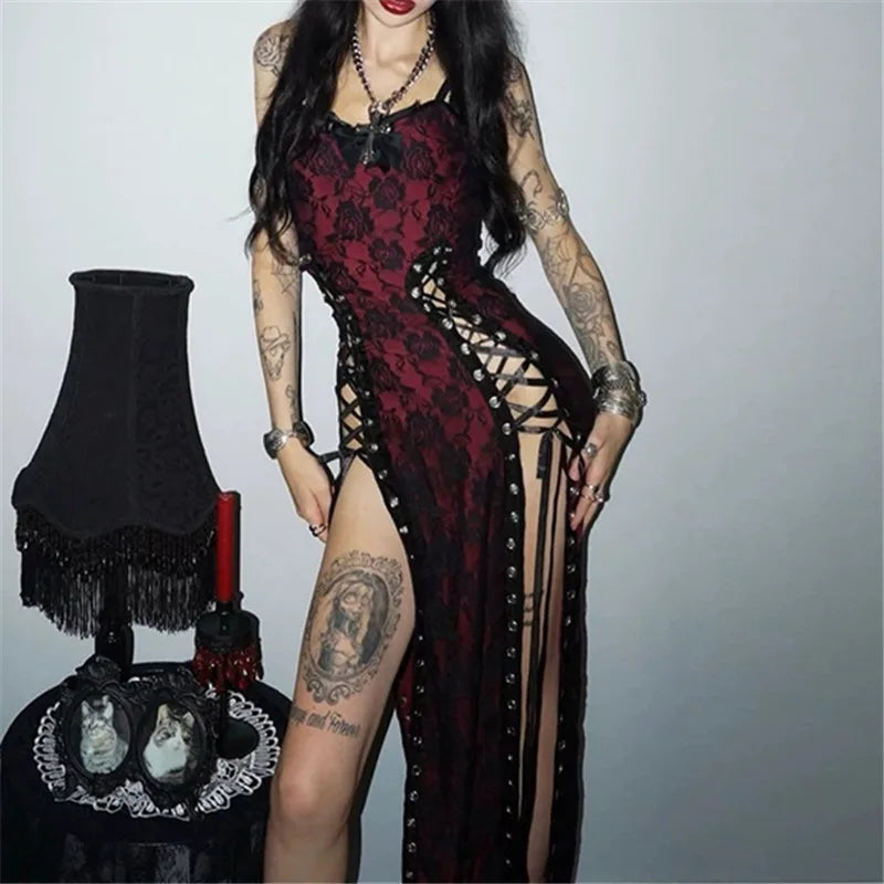 Goth Dark Women Partywear Mall Gothic Lace Patchwork Straps Dresses Y2K Coquette Gown Mall Gothic Slim Bandage Split Hem Dress