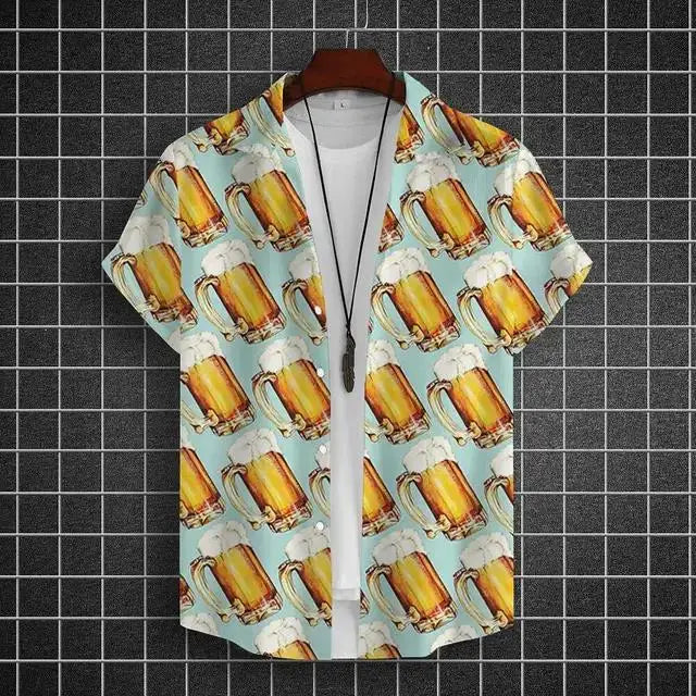 Hawaiian Shirt For Men 3d Beer Printed Short Sleeve Shirts Party Tees Summer Casual Tops Loose Oversized Clothing
