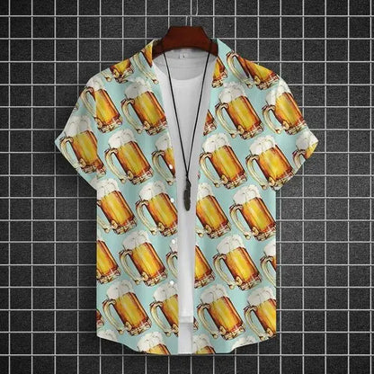 Hawaiian Shirt For Men 3d Beer Printed Short Sleeve Shirts Party Tees Summer Casual Tops Loose Oversized Clothing