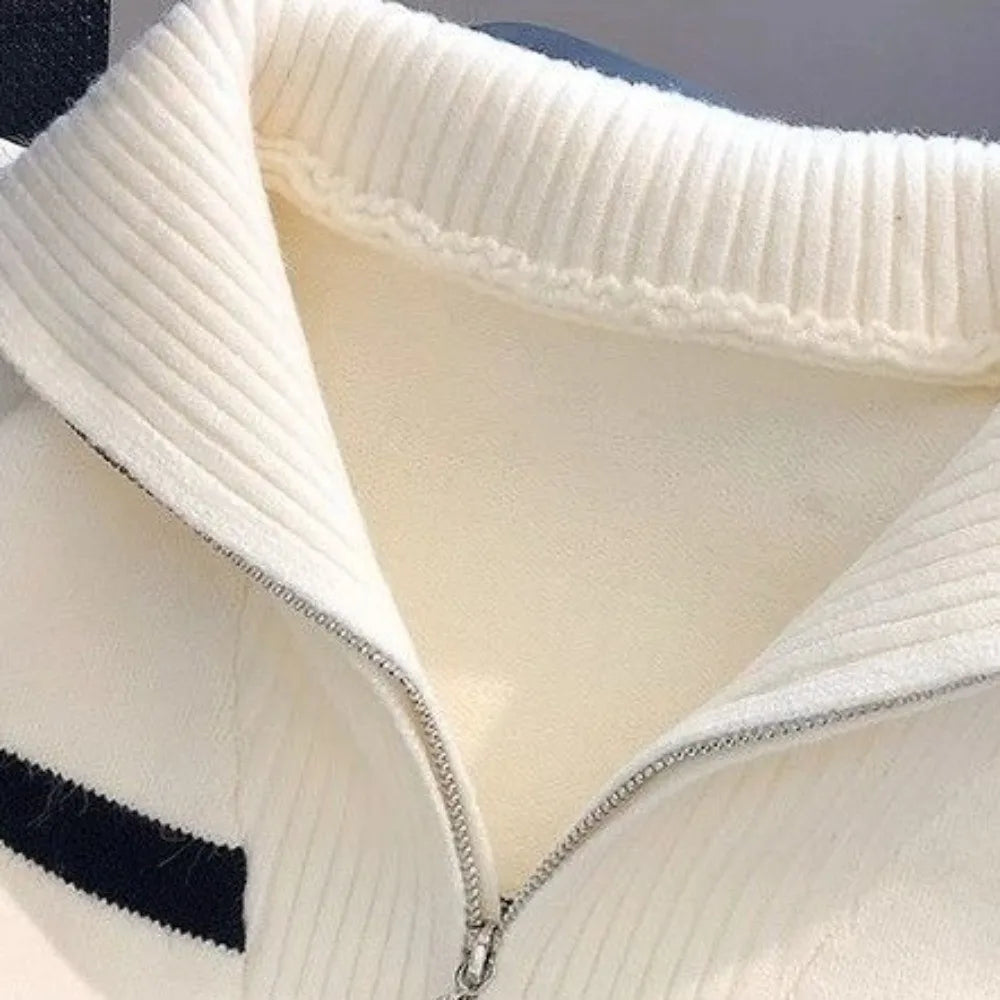 Short Length Striped Sweater Thick Knit Half Zip Design Half Zip Pullover Ribbed Collar Striped Pattern Casual Inner Wear
