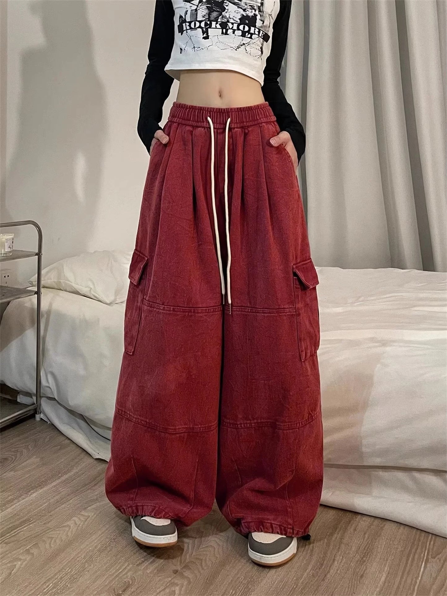 Cargo Pants Women Solid Color Japanese Loose Thin Straight Wide-leg High Waist Trousers High Street Basics Casual Pants Female