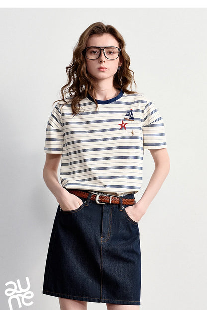 Women's Nautical Stripe T-Shirt – Embroidered Sailboat Summer Top