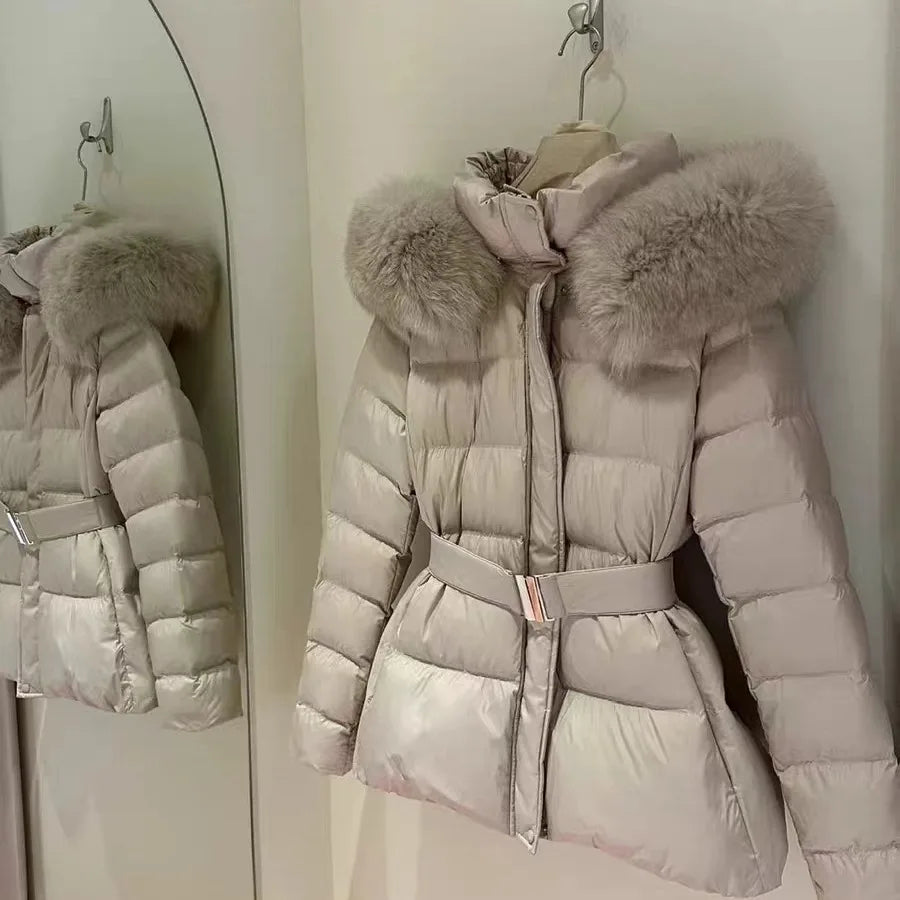Korean New Winter Slim Waist Fitted Plus Size Thick Down Cotton Parkas Women Big Fur Collar Warm Coat Fashion Trendy Warm