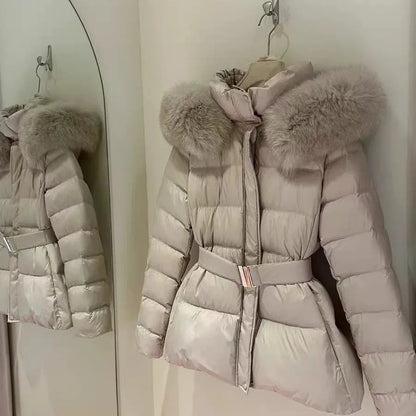 Korean New Winter Slim Waist Fitted Plus Size Thick Down Cotton Parkas Women Big Fur Collar Warm Coat Fashion Trendy Warm