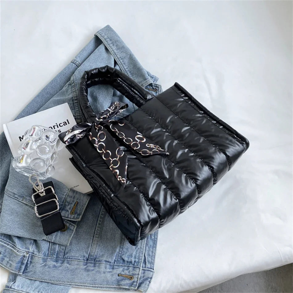 Women's Tote Bag - Quilted Crossbody Padded Shoulder Tote with Silk Scarf Accent