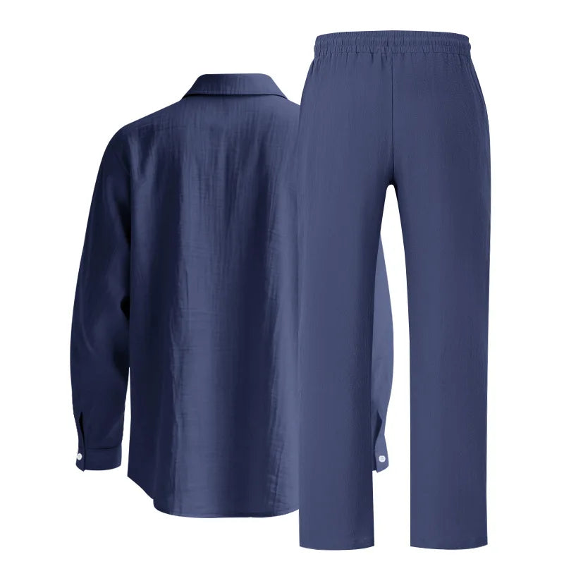 Men's Autumn Loose Trend Linen Solid Color Simple Lapel Long-Sleeved Shirt Beach Trousers Set