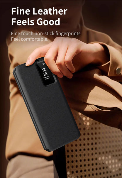 For Samsung Galaxy S25 S23 S24 S26 Ultra S25Plus Case Original PU Leather Card Pocke Flip Smart Display Transparent Window Cover