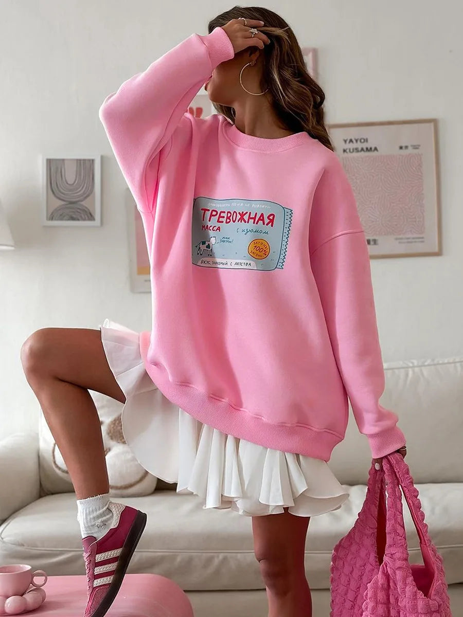 Sumuyoo Printing Warm Sweatshirt Loose Round Neck Oversized Chic Women's HoodiesTrendy Casual Autumn Winter Office Lady Pullover