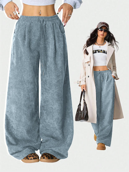 Women's Retro Corduroy Cargo Pants Casual Drawstring Straight Sports Pants Drape Daily Commuting Wide Leg Pants