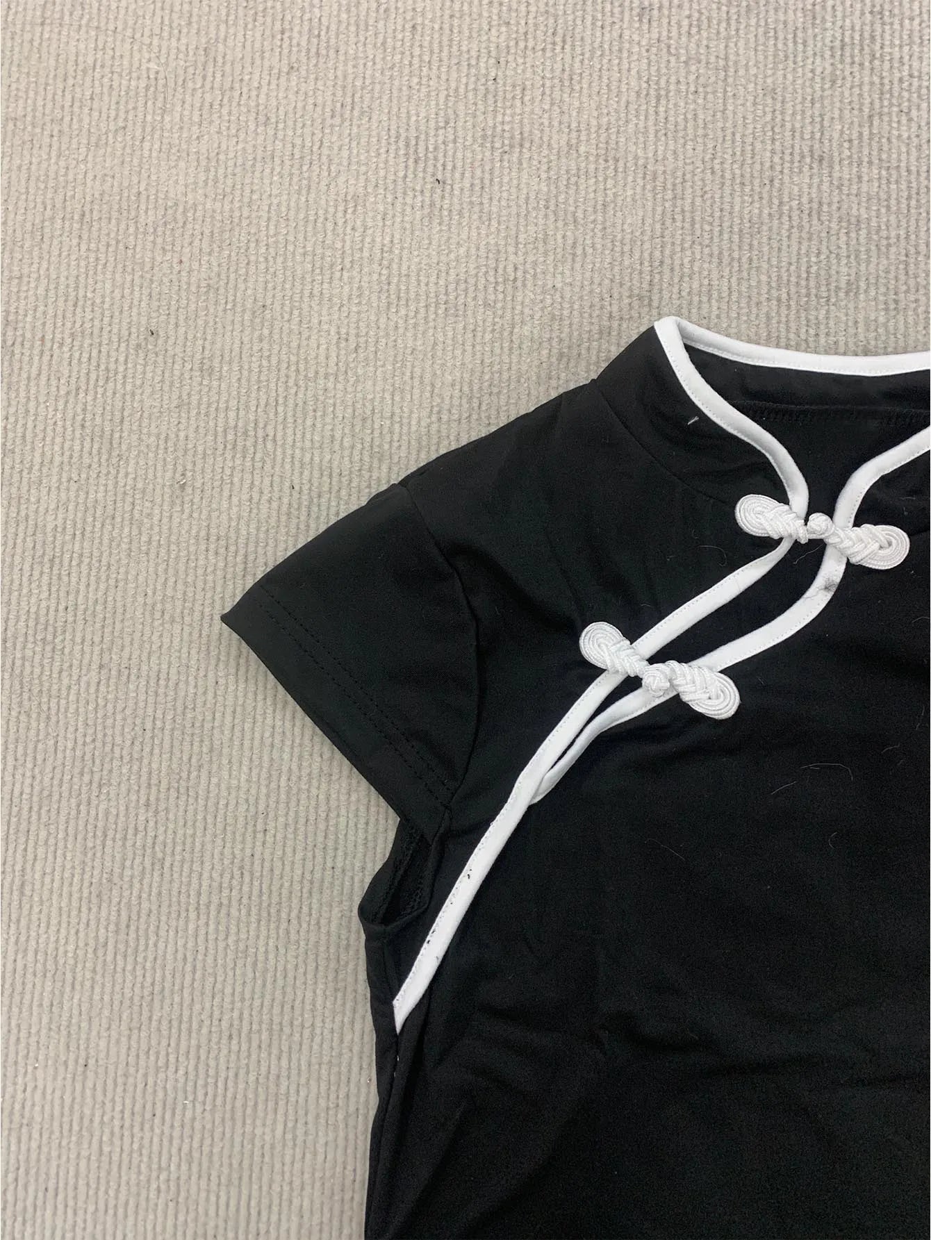 Women's Casual Daily Fashion Black Embellished Frog Button Fitted Cheongsam Style Crop Top 2026