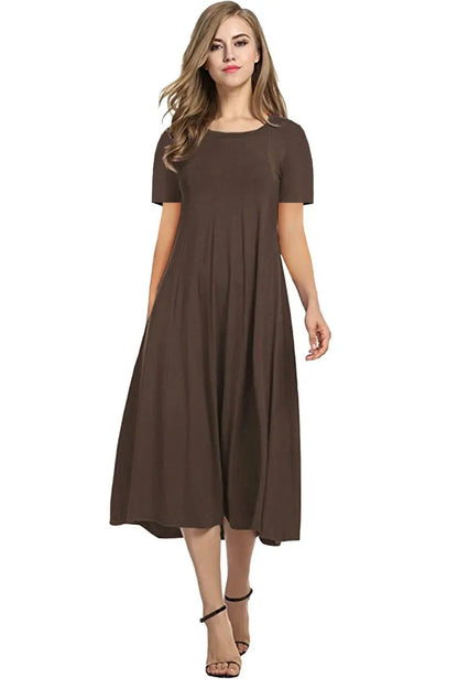 2026 European and American Summer Women's Round Neck Short Sleeve Solid Color Flared Dress