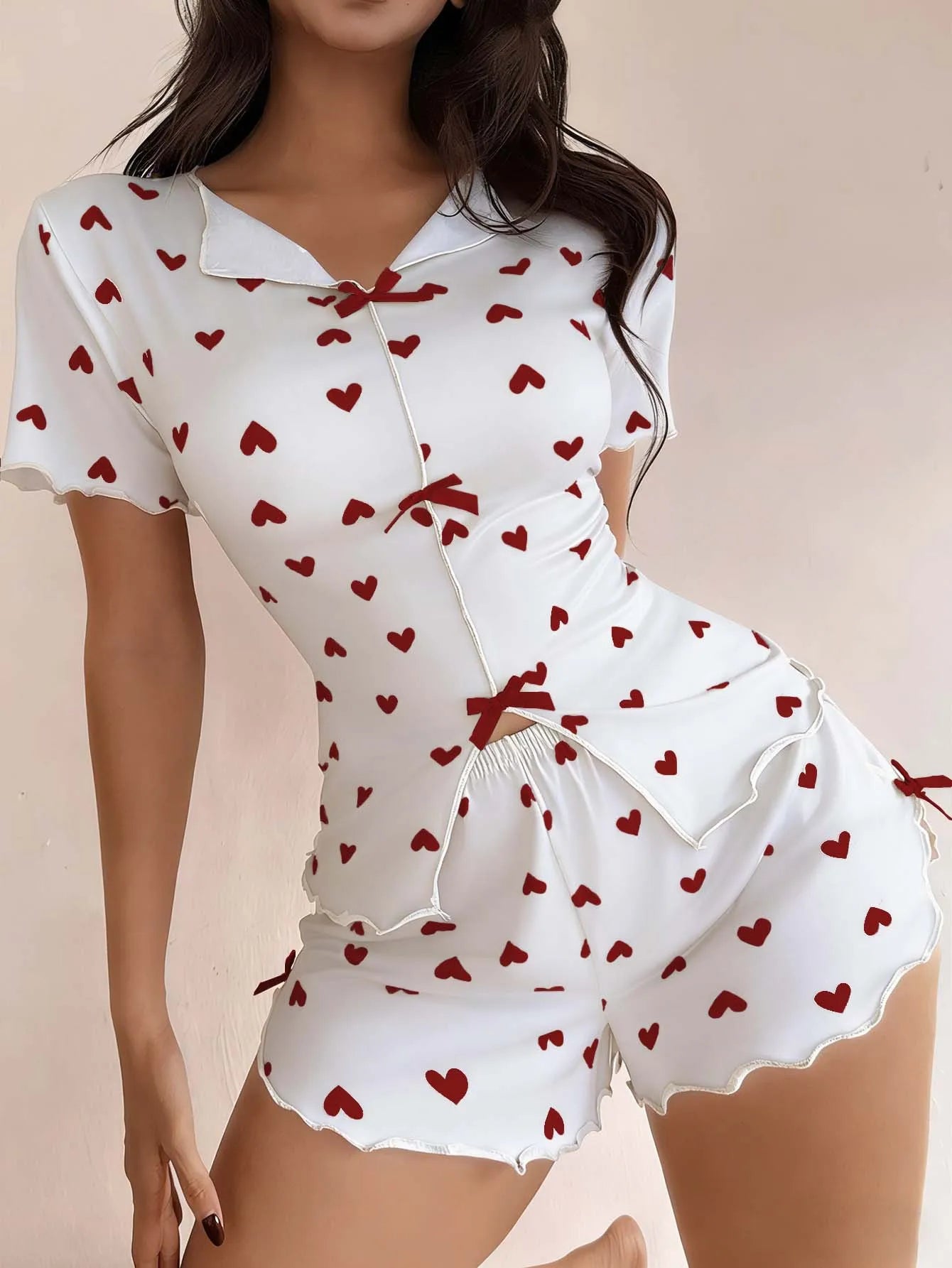 New Summer Women's Pajamas with Love Printed Collar, Short Sleeve Bow, Slim Fit, Comfortable and Soft Women's Home Clothes