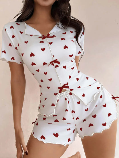 New Summer Women's Pajamas with Love Printed Collar, Short Sleeve Bow, Slim Fit, Comfortable and Soft Women's Home Clothes