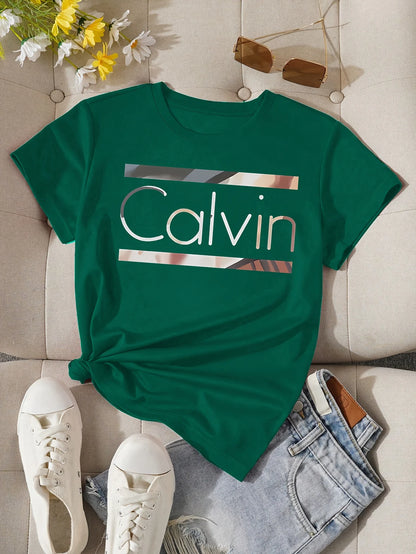 Women's Summer 100% Cotton Fashion Casual Calvin Letter Pattern Printed Loose Round Neck Short Sleeve T-shirt Top