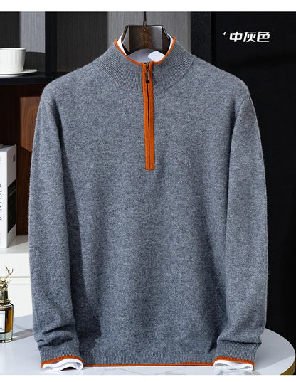 Men's 100% Cashmere Pullover Sweater Autumn/Winter Business Leisure Color Block Knitted Loose Fit Half High Collar Zipper Top
