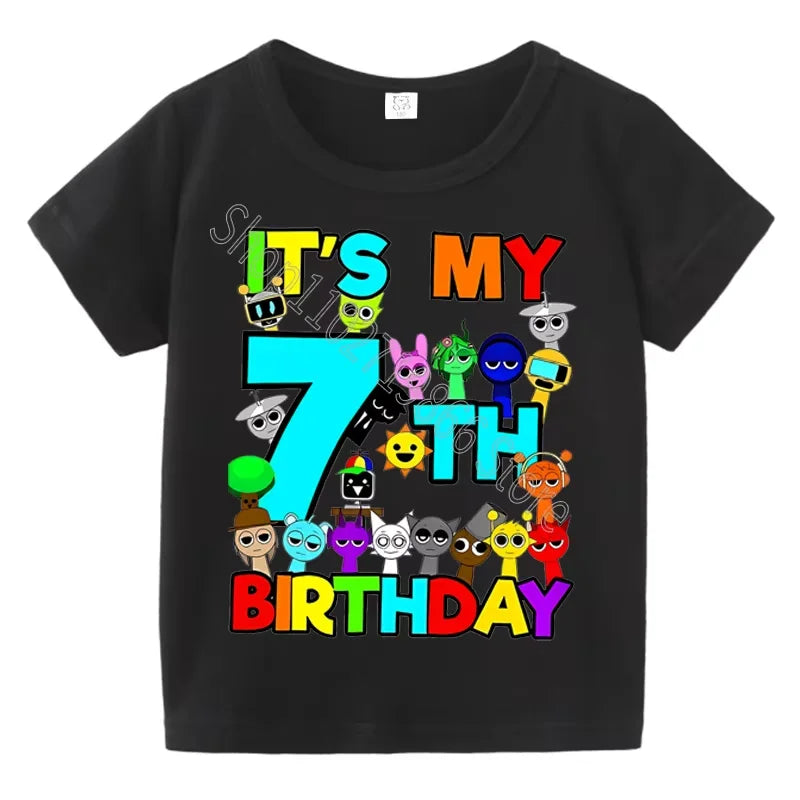Kids Birthday Cute Cartoon Characters Graphic T-Shirt, Soft Cotton Crew Neck Tee, Casual Party Wear for Boys & Girlsdf0019