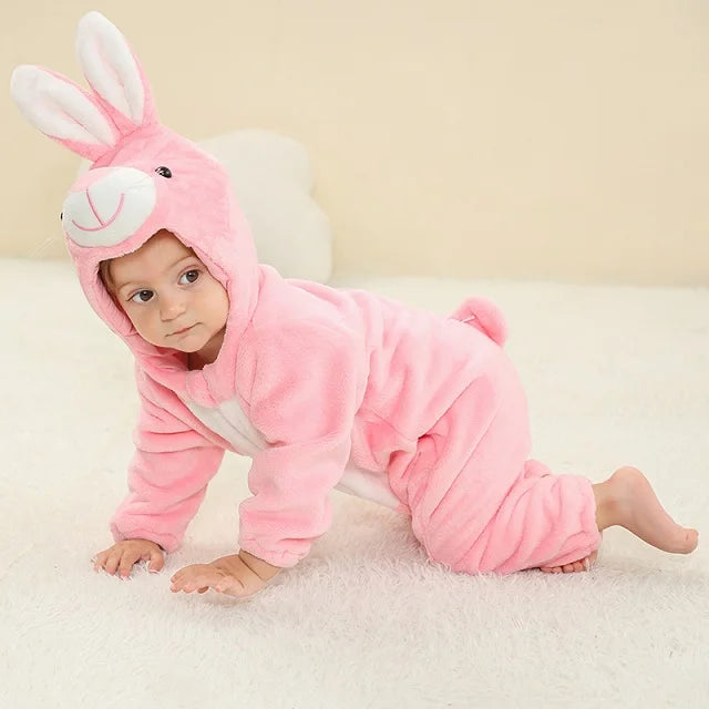 Baby Winter Rompers - Soft Polyester Hooded Jumpsuit With Animal Pattern, Machine Washable