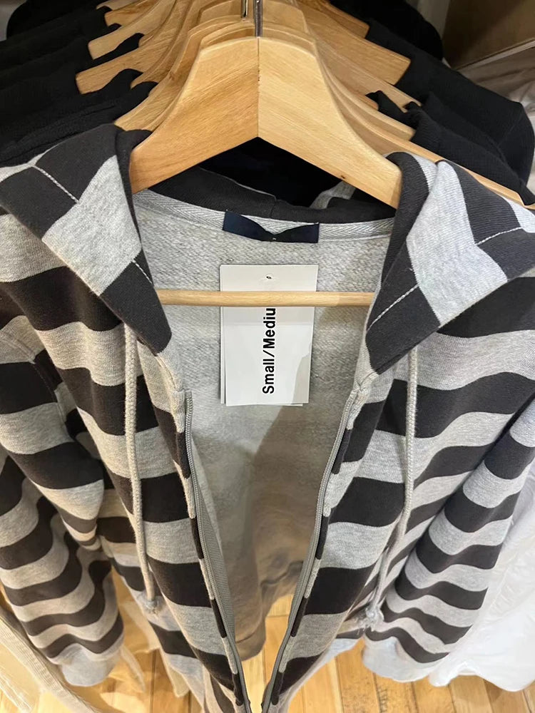 Striped Patchwork Zip-up Hoodie Autumn Cotton Pocket Drawstring Hooded Sweatshirt Women Y2k Streetwear Vintage Loose Tops Jacket