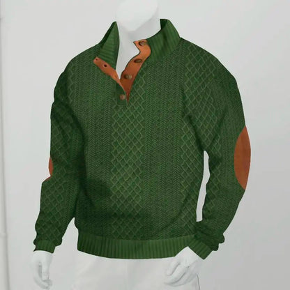 Men's Waffle Knit Quarter Zip Pullover with Contrast Trim and Elbow Patches Casual Long Sleeve Sweater
