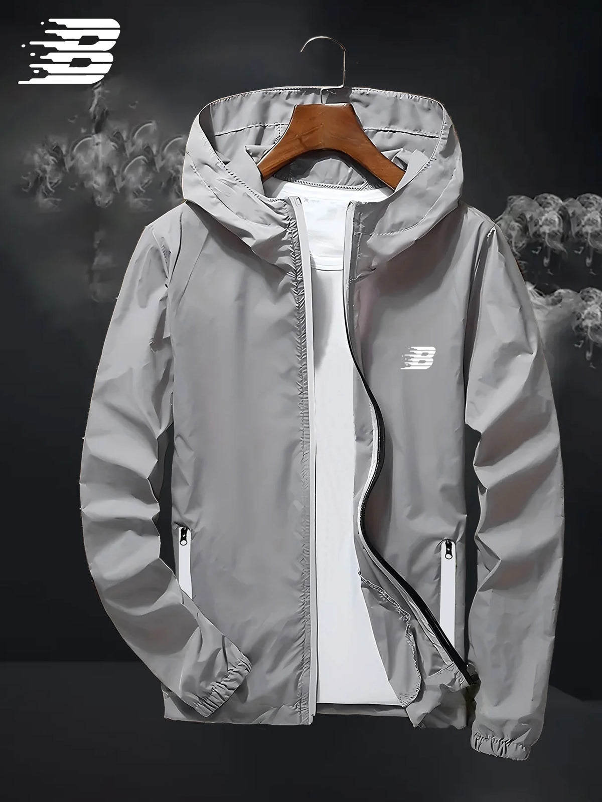 Mens B Logo Hooded Windbreaker Jacket Lightweight Waterproof Windproof Casual Outdoor Sports Hiking Cycling Long Sleeve Coat