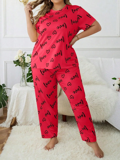 Women's Plus Size Sleepwear Heart Letters Print Pajama Set Casual Short-Sleeve Top and Pants Comfortable Relaxed Fit Loungewear
