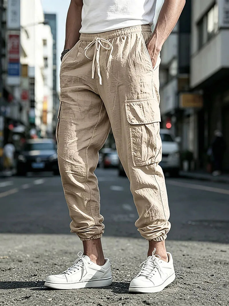 Men's Cotton Linen blend Cargo Jogger Pants Elastic Waist Drawstring Multi Pockets Casual Breathable Streetwear Trousers for Men
