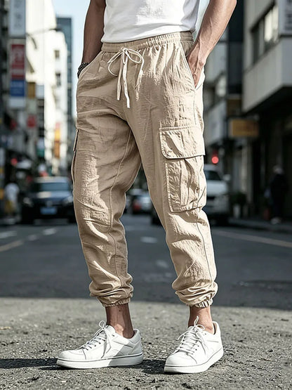 Men's Cotton Linen blend Cargo Jogger Pants Elastic Waist Drawstring Multi Pockets Casual Breathable Streetwear Trousers for Men