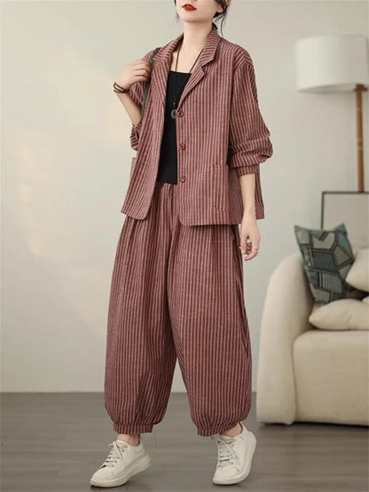 Retro Stripe Cotton And Linen Suit 2024 Women's Autumn Temperament Casual Wide Leg Harem Pants Loose Oversized 2 Piece Set K2478