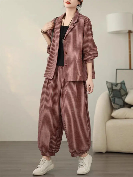 Retro Stripe Cotton And Linen Suit 2024 Women's Autumn Temperament Casual Wide Leg Harem Pants Loose Oversized 2 Piece Set K2478