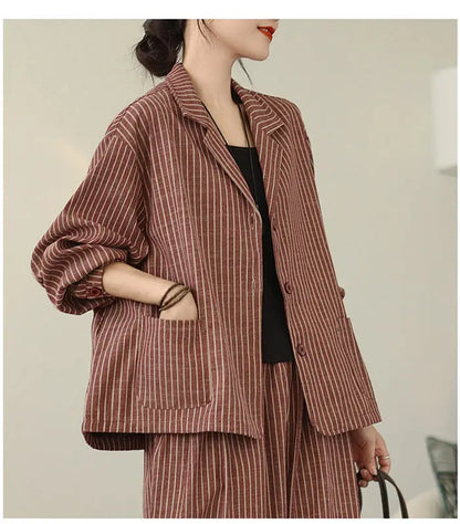 Retro Stripe Cotton And Linen Suit 2024 Women's Autumn Temperament Casual Wide Leg Harem Pants Loose Oversized 2 Piece Set K2478