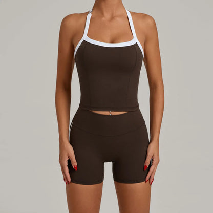 Fashion Patchwork Skinny Shorts Set Gym Women Workout Clothing Summer Sleeveless Backless Fitness Sport Suit Women Sportwear Red